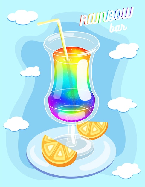 Vector ilustración vectorial de un vaso lleno de arcoíris líquido en el interior con naranjas y nubes