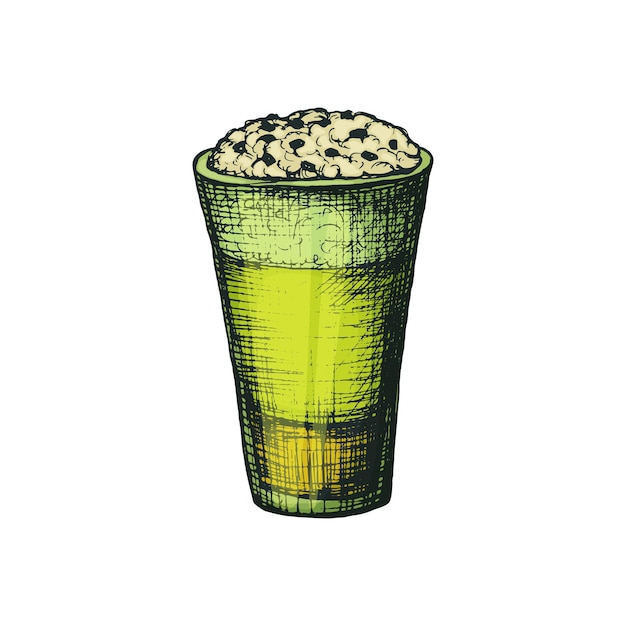 Ilustración vectorial de un vaso de matcha de vidrio con burbujas y espuma en un color de estilo de dibujo a mano alzada. diseño de icono o menú de bebida de moda popular de té tradicional japonés