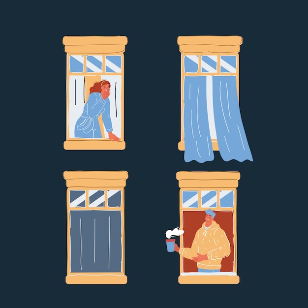 Ilustración vectorial de vecinos que hablan entre sí por la ventana en un fondo oscuro