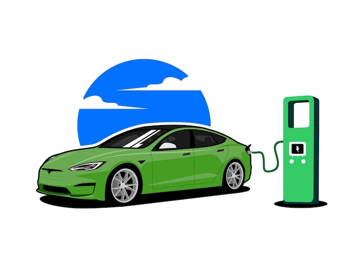 Vector ilustración vectorial de un vehículo eléctrico de sedán