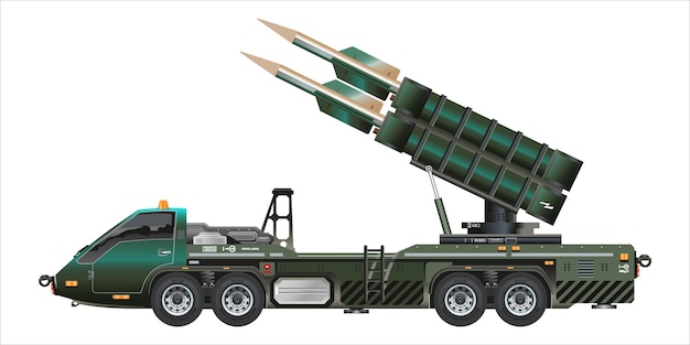 Ilustración vectorial de un vehículo de misiles, un arma militar, un lanzacohetes y un camión