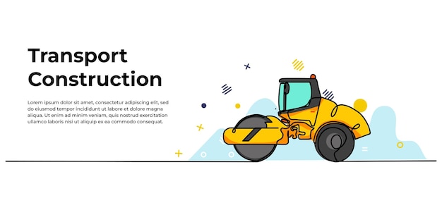 Ilustración vectorial de vehículos de compactación de carreteras Banner moderno en diseño de estilo de línea continua