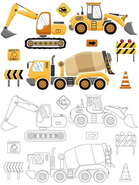 Ilustración vectorial de vehículos de construcción dibujados a mano con signos de construcción Libro para colorear o página