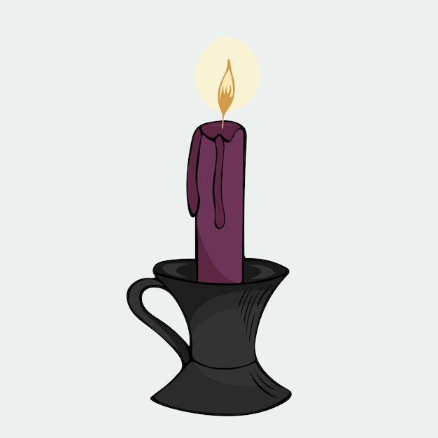 Vector ilustración vectorial de una vela púrpura ardiente dibujada a mano en un candelabro negro