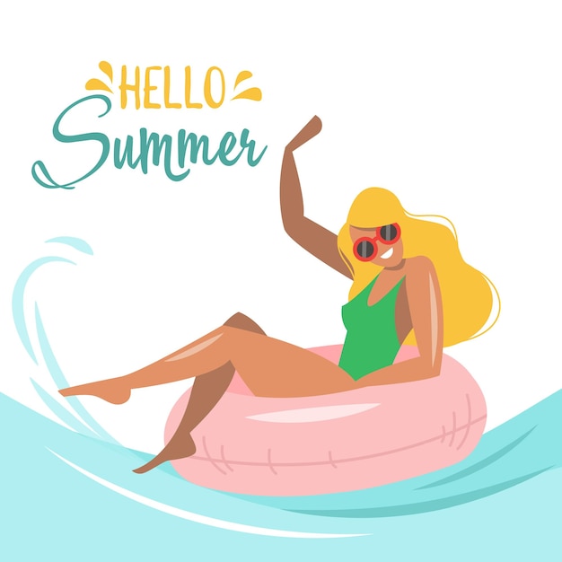 Ilustración vectorial de verano de la chica en bikini verde y gafas de sol nadando en el anillo de goma en el mar