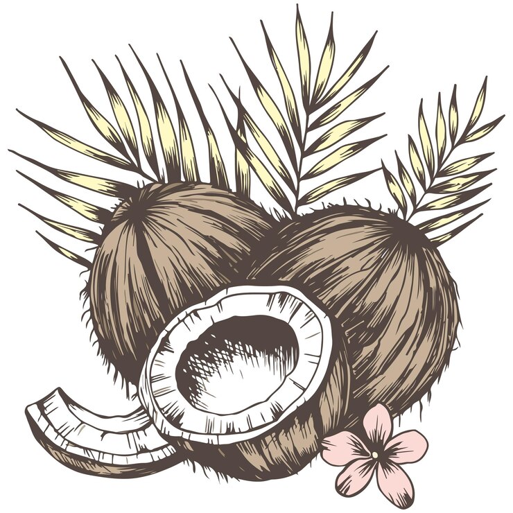 Vector ilustración vectorial de verano con cocos, rebanada de coco, flores y hojas de palma, composición aislada de cocos, colorida y hermosa ilustración vectorial con frutos de coco dibujada a mano.