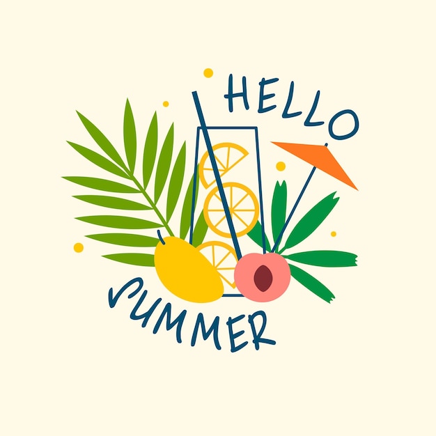 Ilustración vectorial de verano con hojas de palma, frutas y jugo