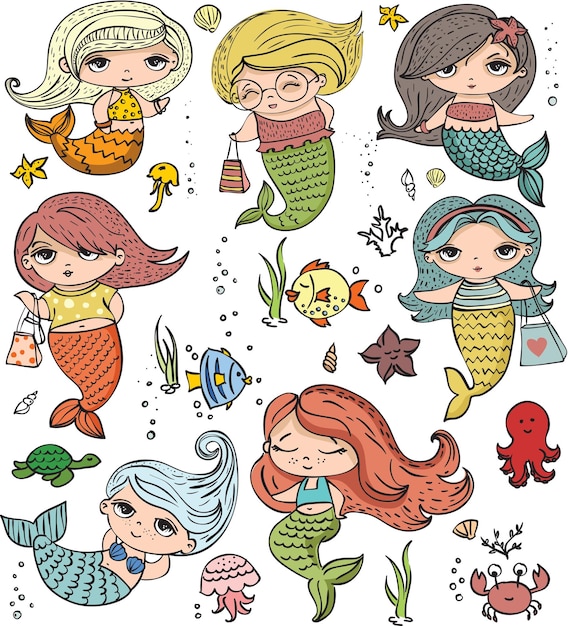 Ilustración vectorial de verano con lindas sirenas de chicas de moda bajo el mar y divertidos animales del océano