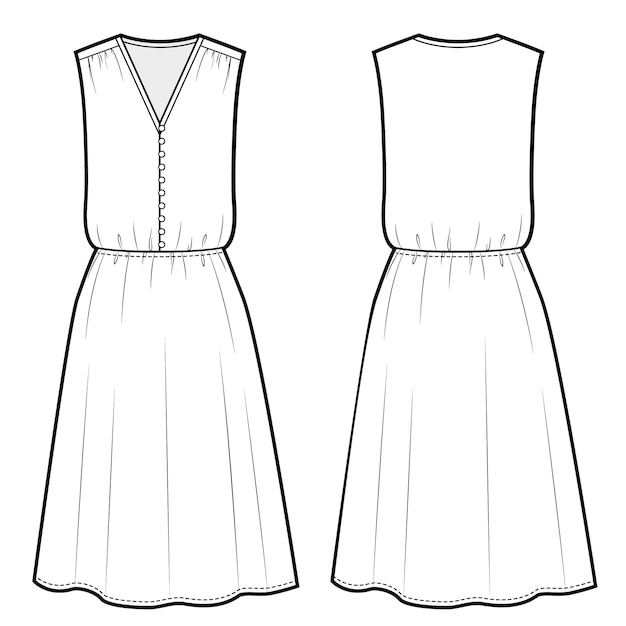 Ilustración vectorial del vestido femenino delantero y trasero