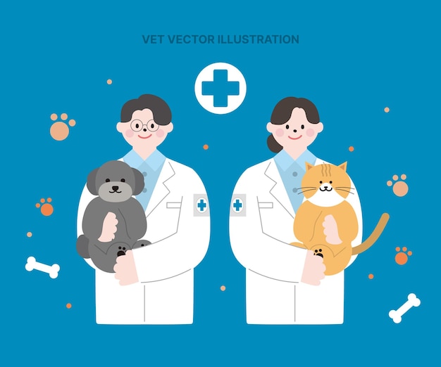 Ilustración vectorial de veterinario y personajes de perros y gatos