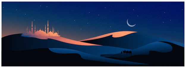 Ilustración vectorial del viaje árabe con camellos por el desierto con mezquita,