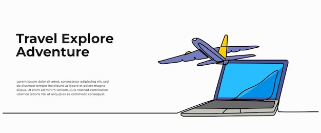 Ilustración vectorial de viajes de avión de monitor desde una computadora portátil Plano moderno en estilo de línea continua