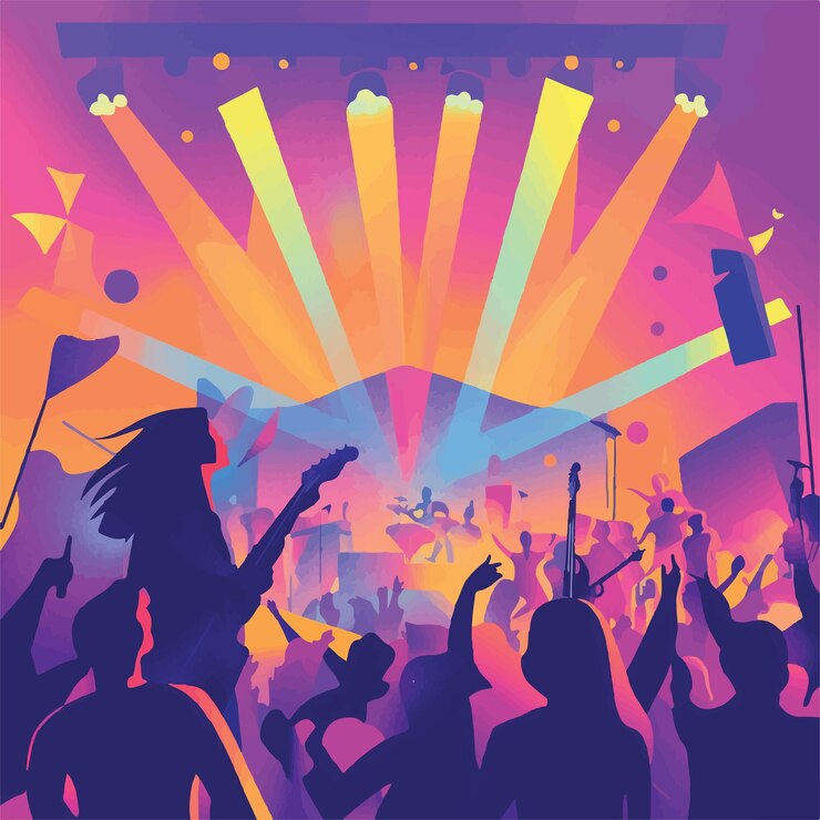 Vector ilustración vectorial vibrante de una celebración de un festival de música