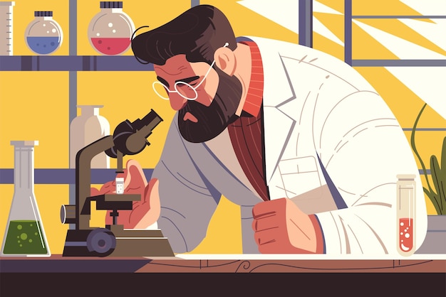 Ilustración vectorial vibrante Científico masculino en el laboratorio dedicado a la investigación