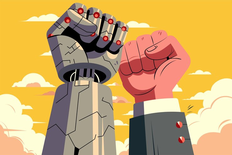 Vector ilustración vectorial vibrante que muestra un poderoso choque simbólico entre un robot