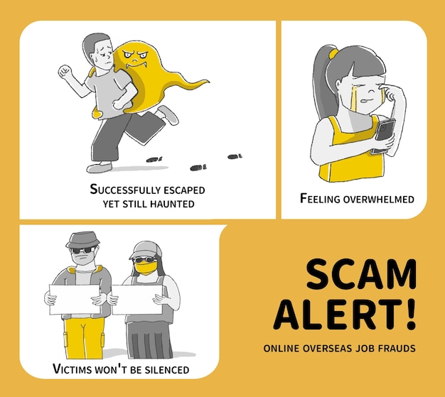 Vector ilustración vectorial de la víctima que escapa de la violencia y el grupo de fraude con carteles como pancarta