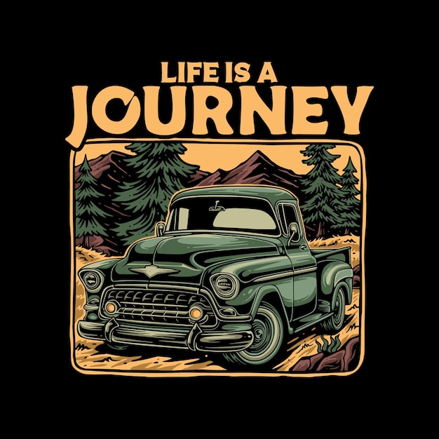 Ilustración vectorial la vida es un viaje Viaje Una aventura en automóvil clásico en el Bosque Encantado para el diseño de camisetas