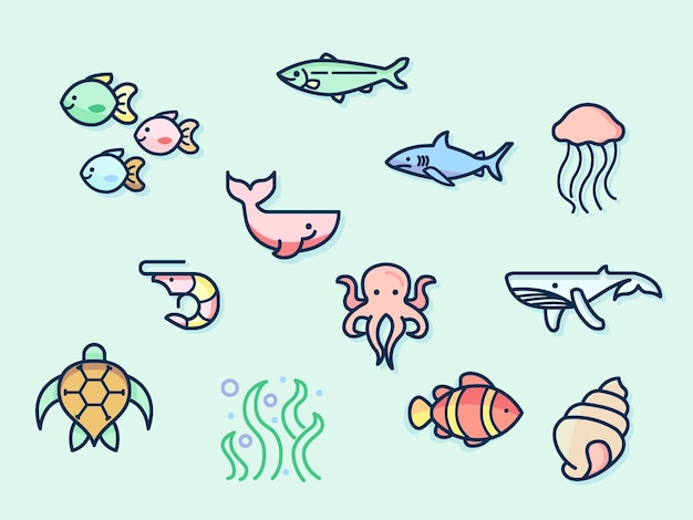 Ilustración vectorial de una vida marina y elementos submarinos Contiene como criaturas náuticas peces