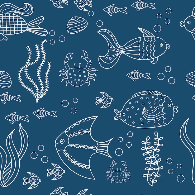 Ilustración vectorial de la vida marina Peces marinos en un fondo azul oscuro Fondo submarino