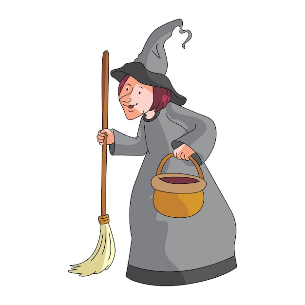 Ilustración vectorial vieja bruja con escoba torcida