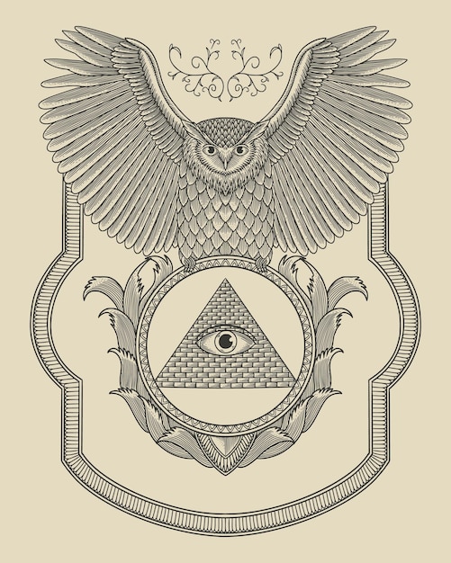 Ilustración vectorial vintage de la pirámide Illuminati con pájaro búho y adorno en dibujo grabado