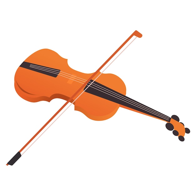 Ilustración vectorial de violín naranja con arco en fondo blanco