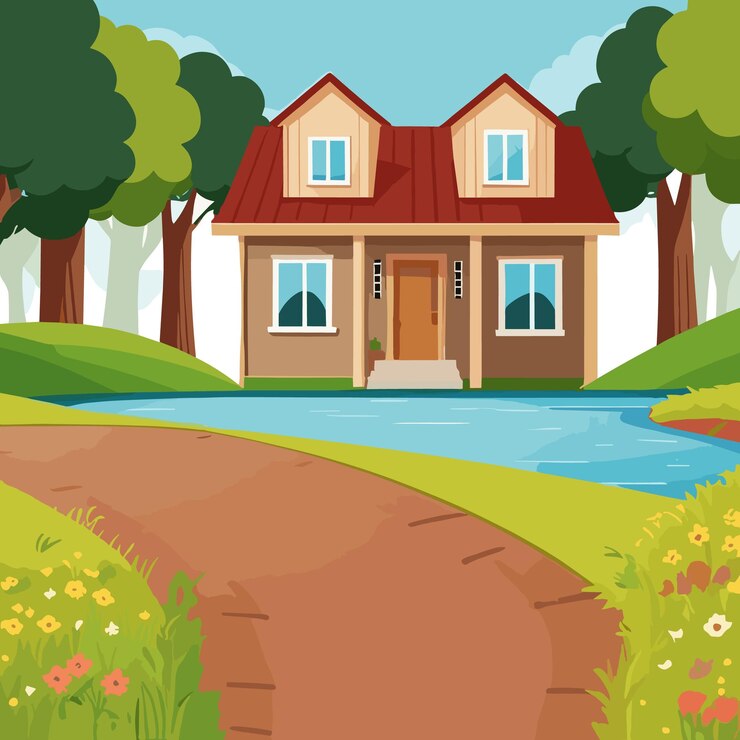 Ilustración vectorial con vista de aldea exótica con casas y carretera