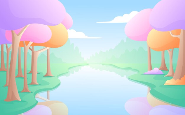 ilustración vectorial de una vista de árboles coloridos y un río claro