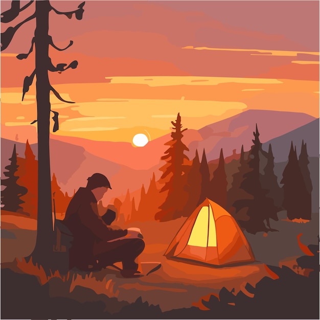 Ilustración vectorial de una vista de un hombre acampando en el crepúsculo