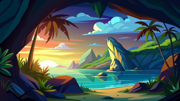 Vector ilustración vectorial de una vista del mar desde una cueva