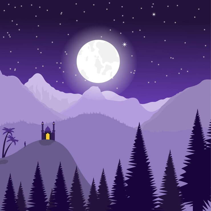 Ilustración vectorial de una vista nocturna a la luz de la luna brillante
