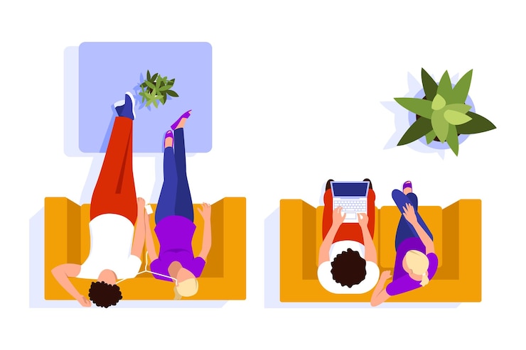 Vector ilustración vectorial con una vista superior de un grupo de jóvenes escena de dibujos animados con un chico y una chica sentados en un sofá y escuchando música en auriculares mirando una computadora portátil sobre un fondo blanco