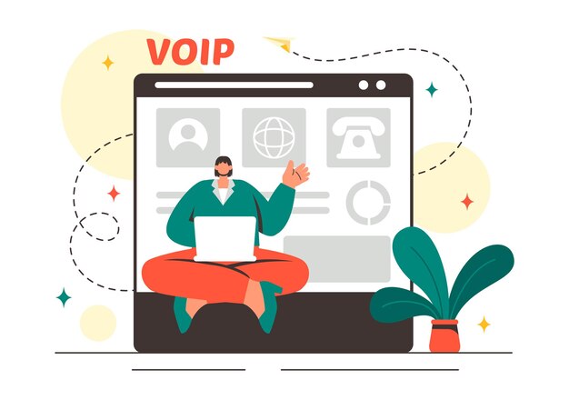 Ilustración vectorial de VOIP o Voice Over Internet Protocol con tecnología de esquema telefónico y software de llamadas telefónicas de red en fondo plano