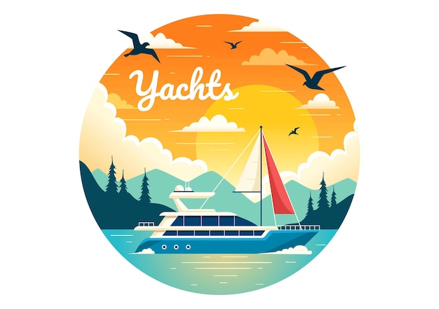 Vector ilustración vectorial de yates con ferry de carga y velero de barco de transporte acuático en la playa