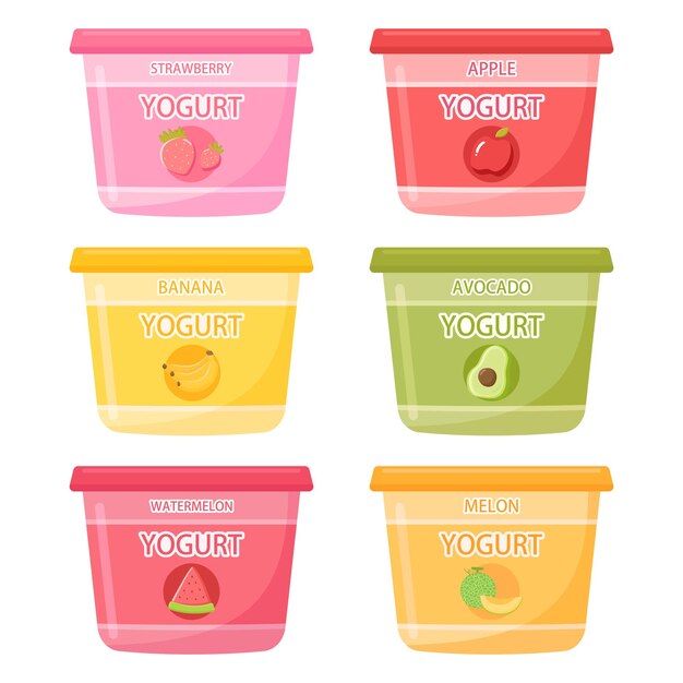 Ilustración vectorial de yogur sabor a fresa, manzana, aguacate, sandía, plátano y melón