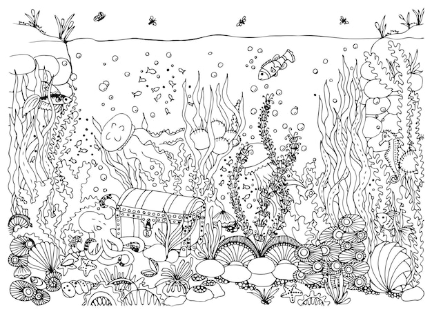 Ilustración vectorial zentangle mundo submarino