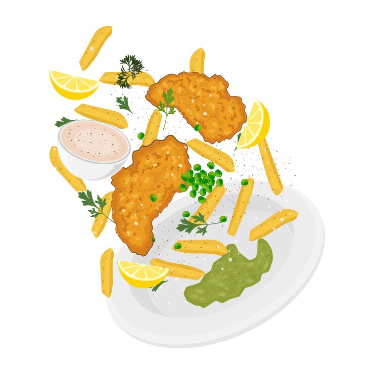 Ilustración Vectorización Logo Clipart Levitación Peces y papas fritas