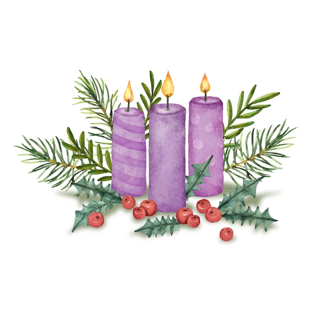 Vector ilustración de velas de adviento púrpura acuarela