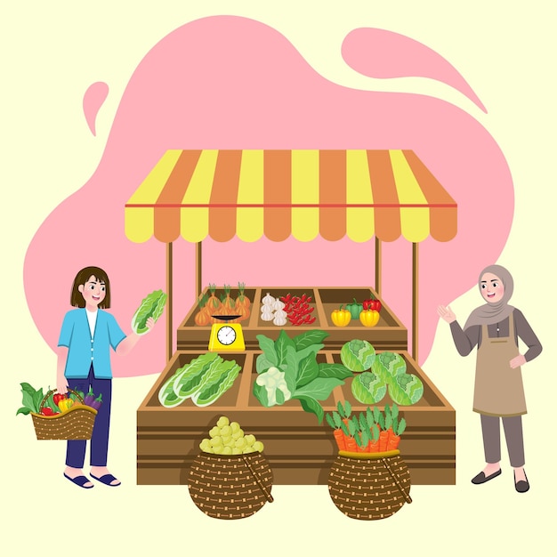 Ilustración de vendedores y compradores en el mercado local