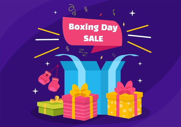 Ilustración de venta del boxing day con precio de etiqueta de oferta especial de descuento y caja de regalo para promoción