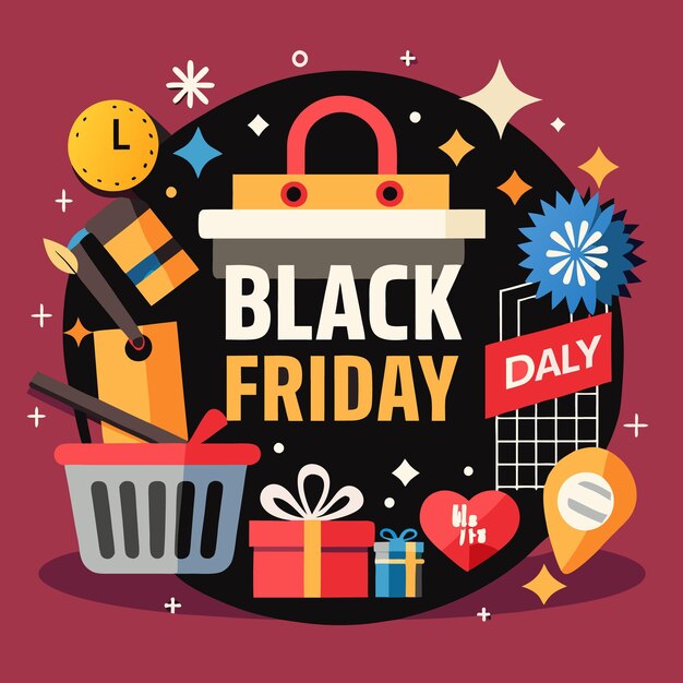 Ilustración de venta de compras del Viernes Negro con una bolsa de compras, cajas de regalos, una canasta, un reloj, una etiqueta de precio y otros iconos relacionados con la venta