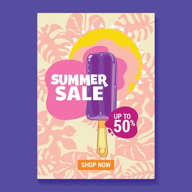 Vector ilustración de venta de verano con paleta, playa y fondo de hojas tropicales