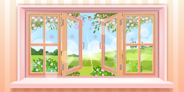 Ilustración de ventana de casa abierta grande con vista exterior de primavera de naturaleza, flores, ramas, luz del sol. Escena de campo rural con fajas de madera, colinas, árboles, arbustos. Ventana de vidrio abierta, paredes, alféizar