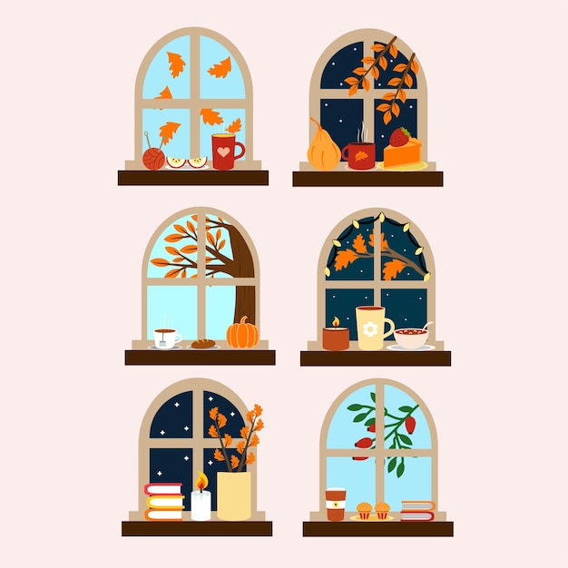 Vector ilustración de una ventana de otoño dibujada a mano