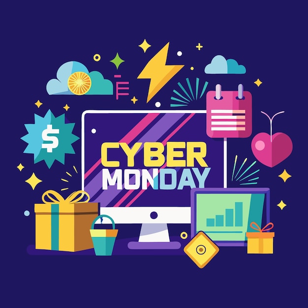 Ilustración de ventas del lunes cibernético con cajas de regalos para computadoras y otros iconos de ventas