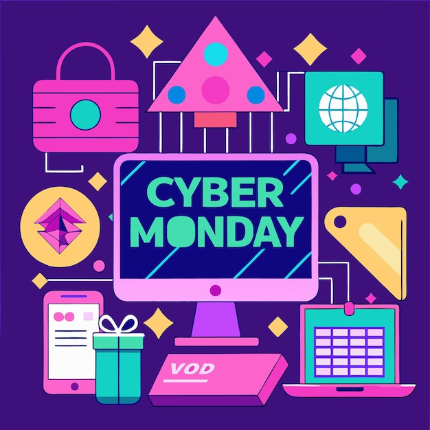 Ilustración de ventas del lunes cibernético con íconos de tecnología de compras y comercio en línea