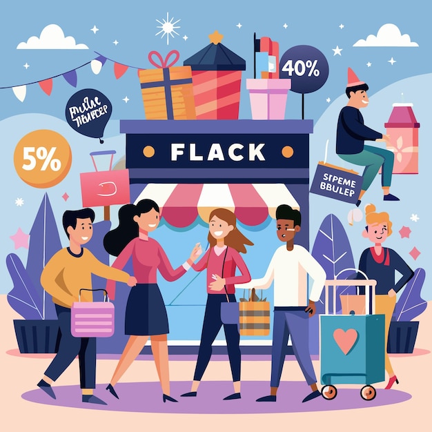 Ilustración de ventas del Viernes Negro con cajas de regalos, bolsas de compras y símbolos de descuento