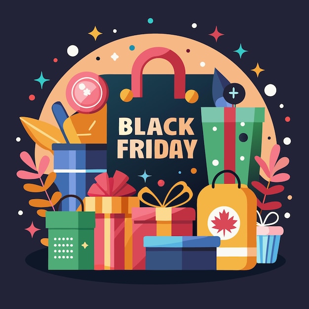 Ilustración de ventas del Viernes Negro con regalos coloridos y bolsas de compras