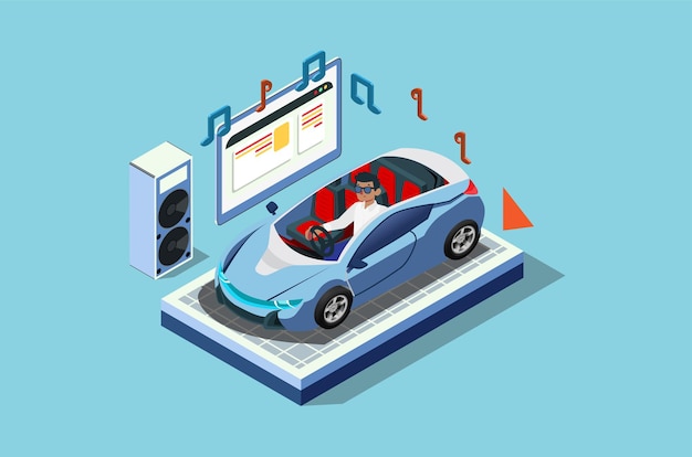 Ilustración de ver videos en el coche y usar energía verde
