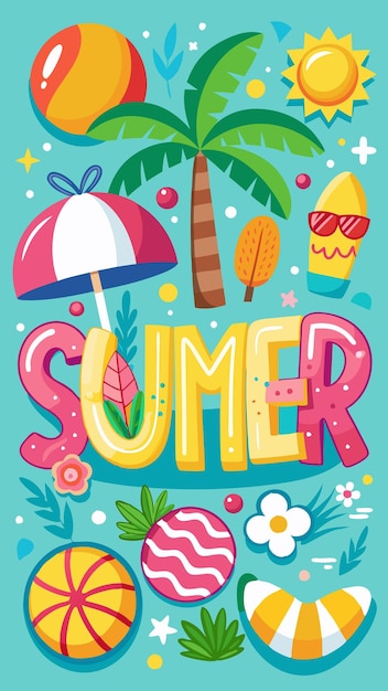 Ilustración de verano con bolas de playa de palma y gafas de sol